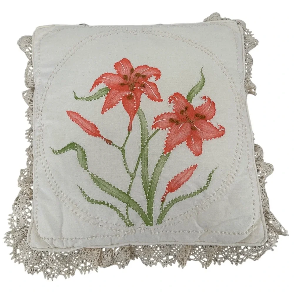 Vintage Floral Hand Painted Lily Throw Pillow Candlewick Lace Trim Cottagecore